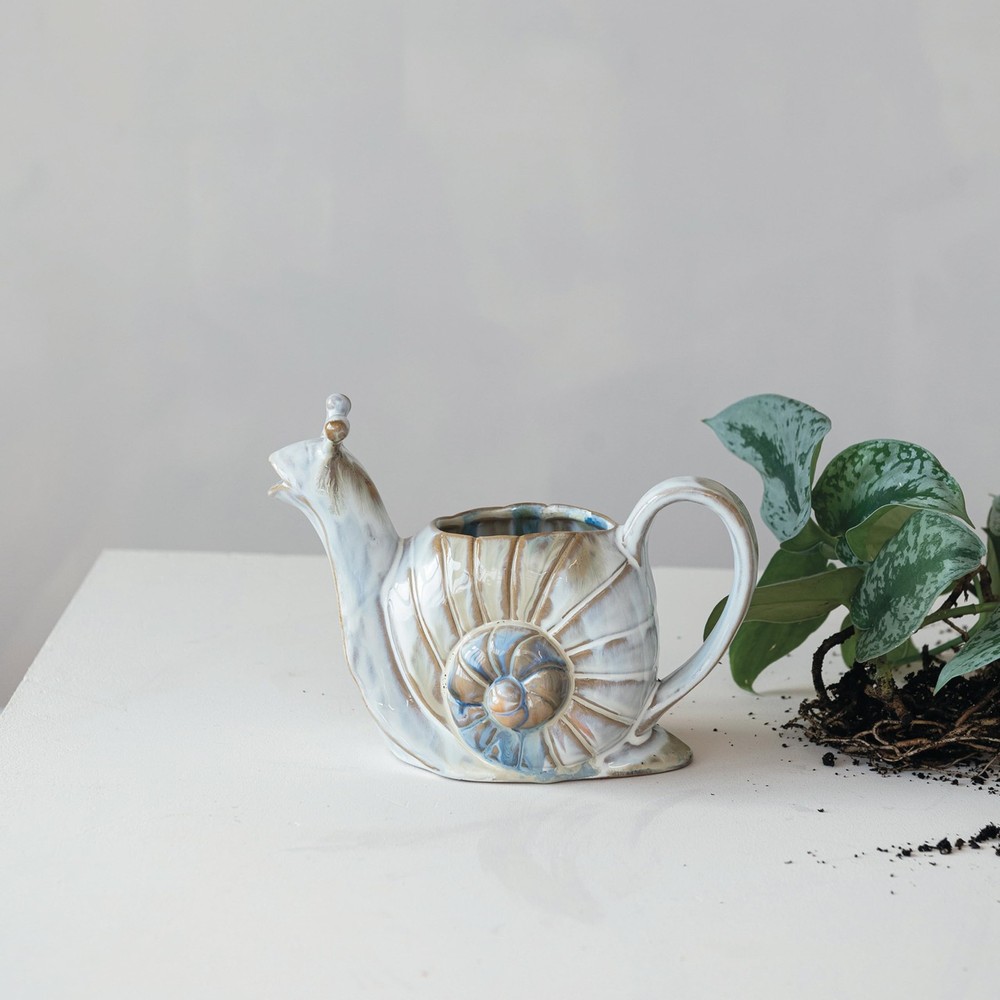 26-Ounce Snail Shaped Stoneware Watering Can, Multicolor