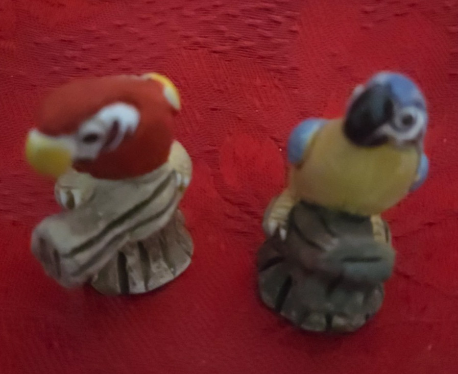 2 Cute Hand-Crafted Parrot Figurines Signed Impressed URPI