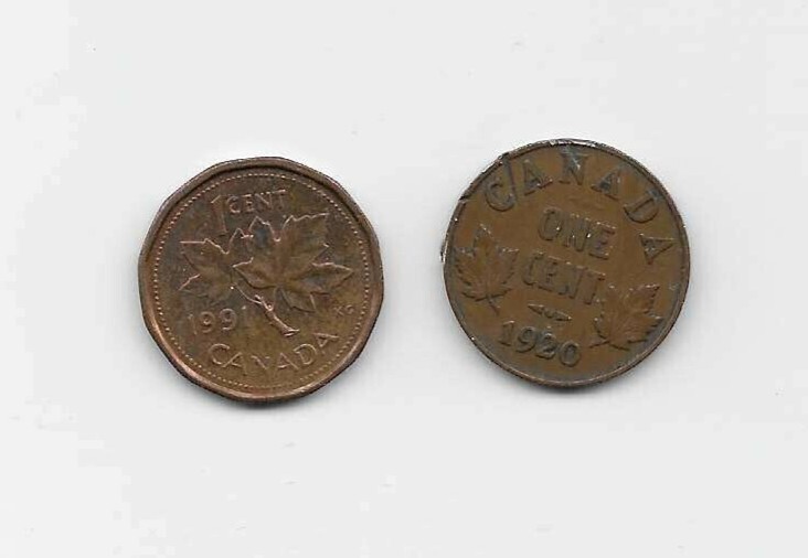 2 Canadian coins 1920 one cent & 1991 one cent