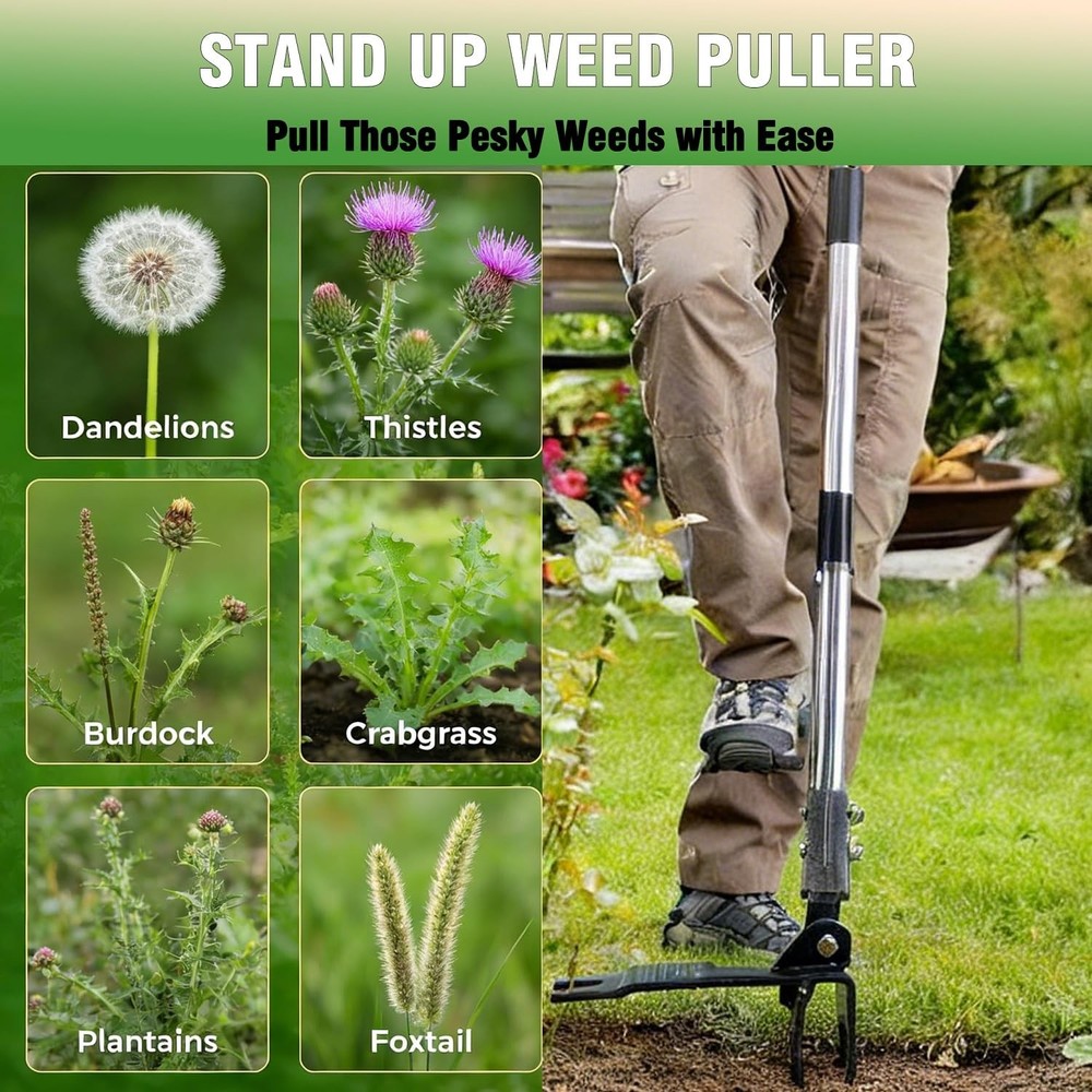 Weed Puller Tool, Heavy Duty Stand Up Weeder Tool with Long 4 Claw, black