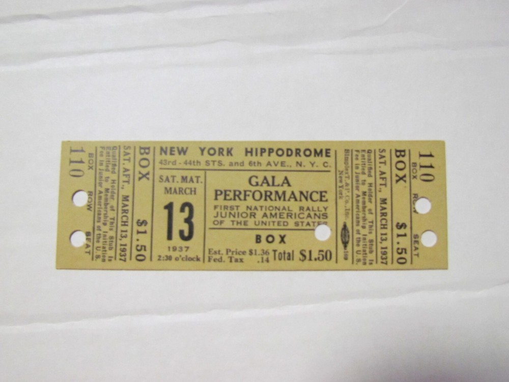 May 13, 1937 Gala Performance New York Hippodrome Ticket
