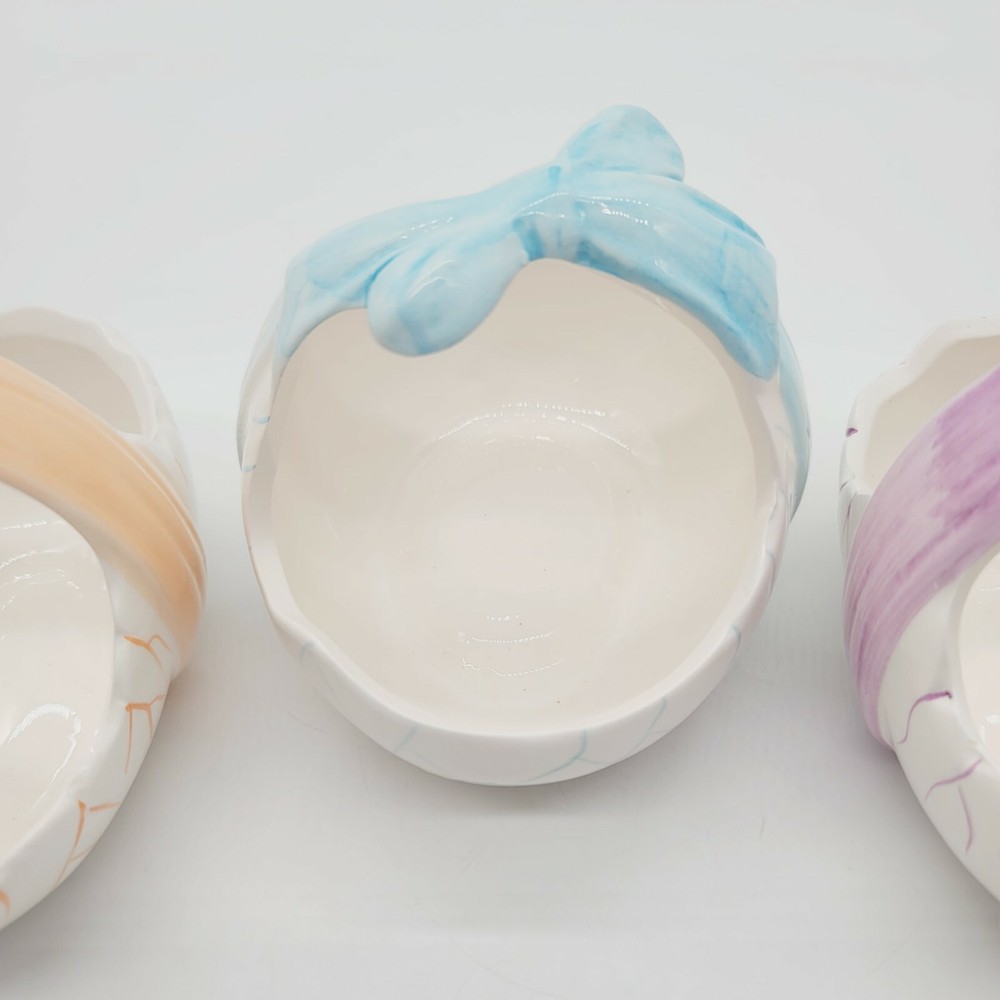 Three Ceramic Easter Egg Baskets Purple Blue Orange Ribbons K's Collection