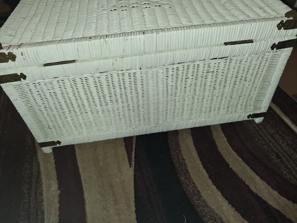 vintage white wicker peacock trunk