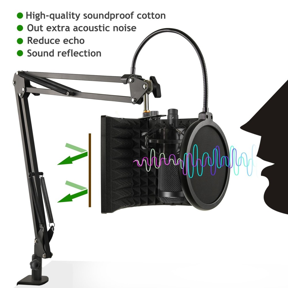 Microphone Isolation Shield with Mic Stand and Pop Filter, Foldable Sound Shi...