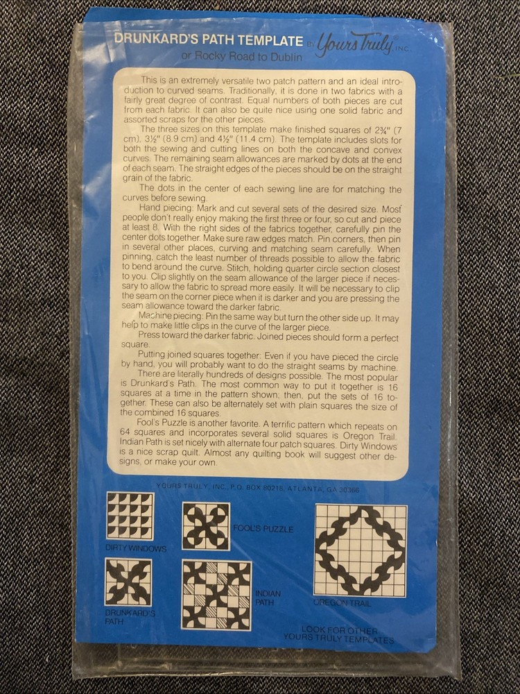 Vintage Yours Truly Quilt Template Drunkard’s Path 3 Sizes