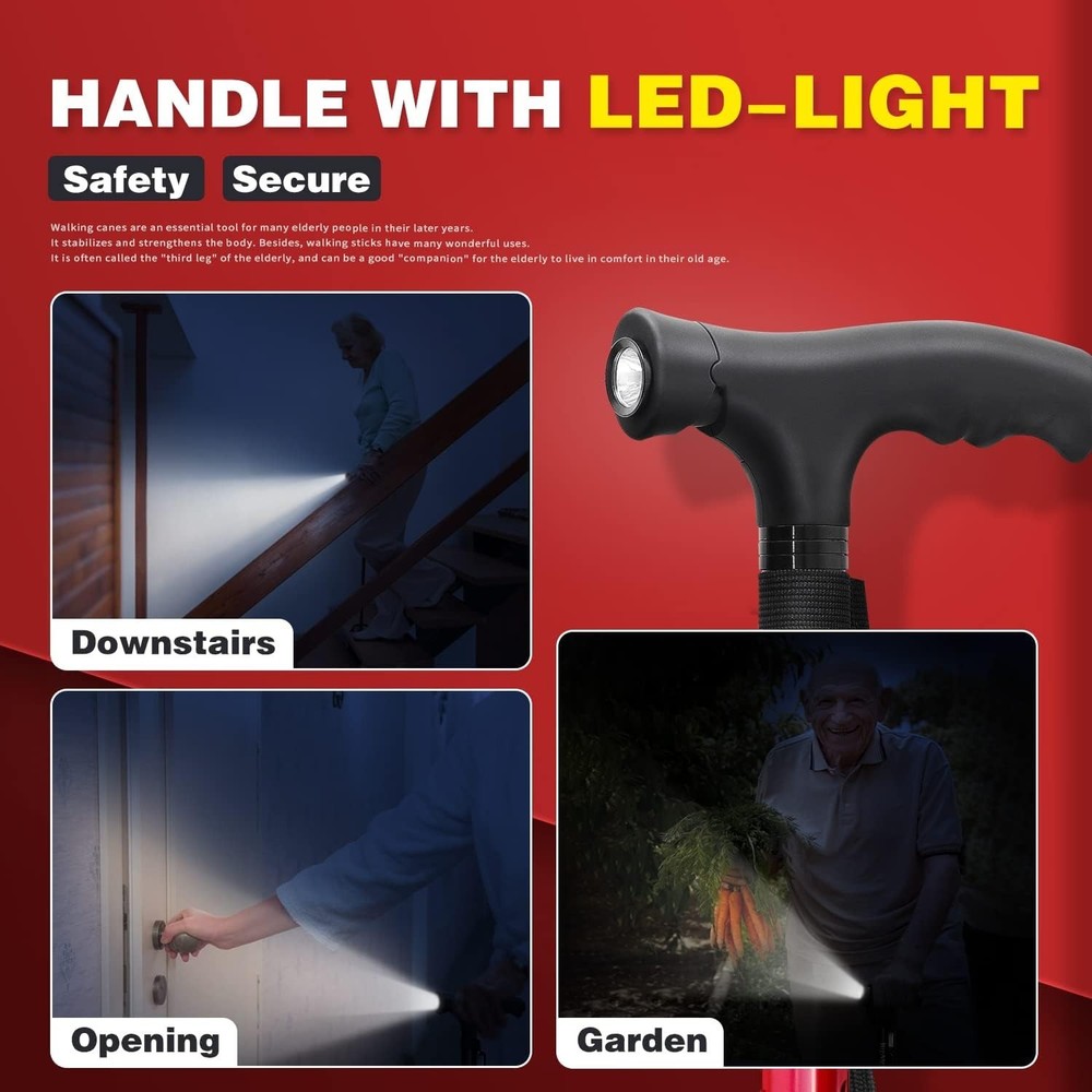 Lightweight Folding Walking Cane with LED Light and Rubber Grip Base - Unisex