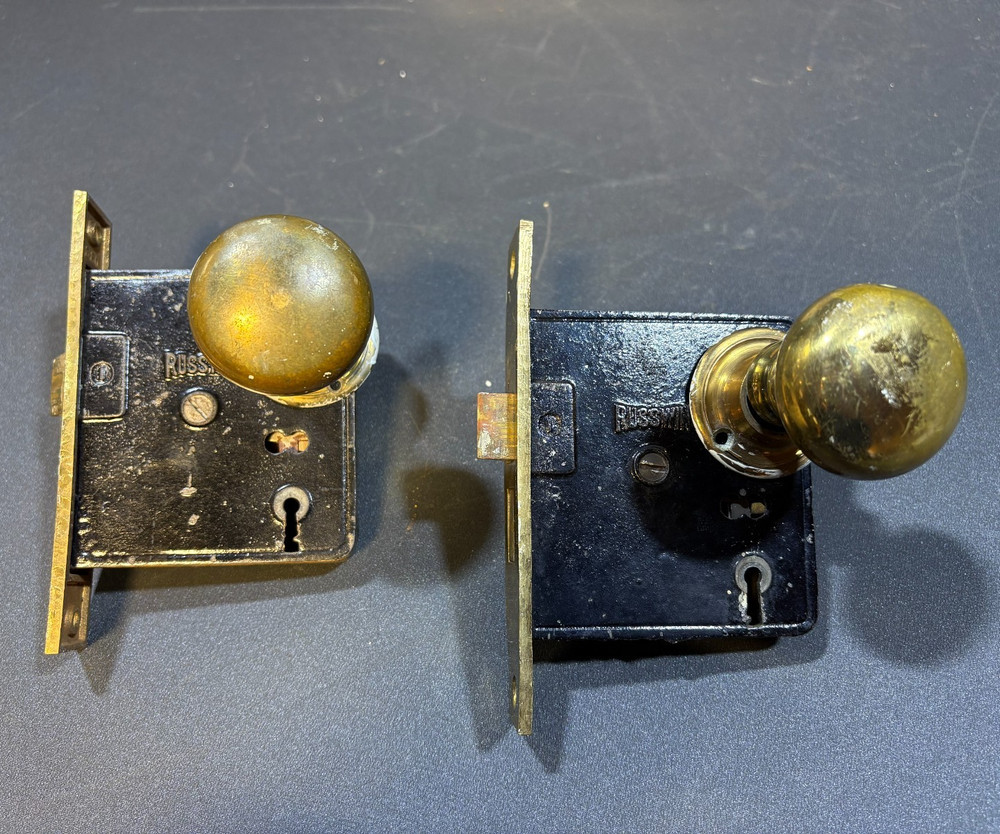 2 Vintage Russwin Mortise Door Lock Hardware With Knobs No Key