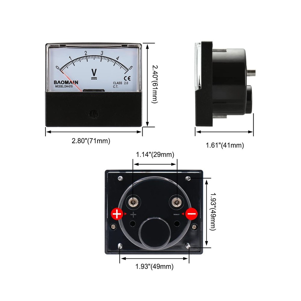 Baomain Voltmeter DH-670 DC 0-5V Rectangular Class 2.5 Analog Panel Volt Volt...