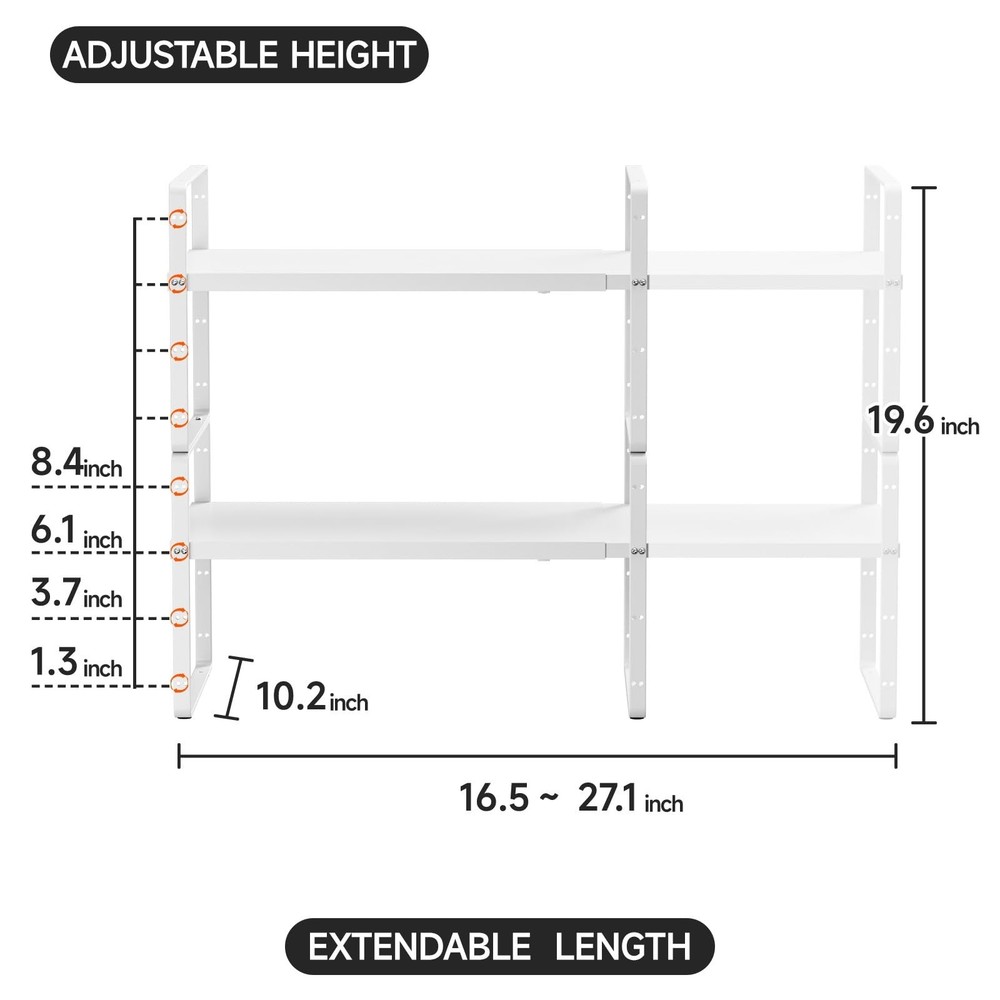 2Pack 16.5-27’’L Expandable Kitchen Shelf Organizer, Stackable Shelv