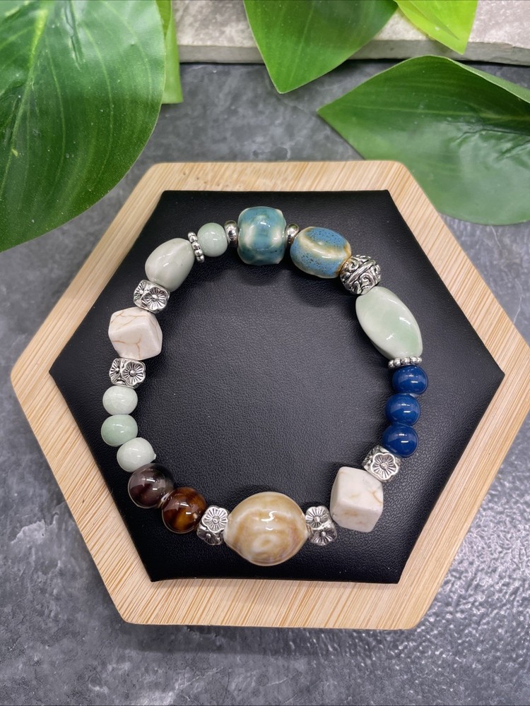 Handmade Ceramic Bead Beaded Stackable 6.5” Plus Stretch Bracelet New B333