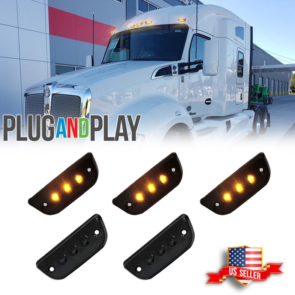 5pc Smoke Lens Amber LED Roof Clearance Marker Light For Kenworth T680 T770 T880