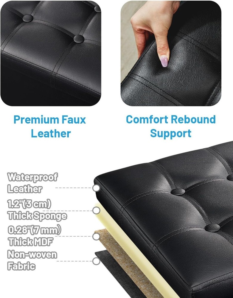 Compact Rectangular Footstool with Storage, Leather Upholstery, 17 x 13 Inches
