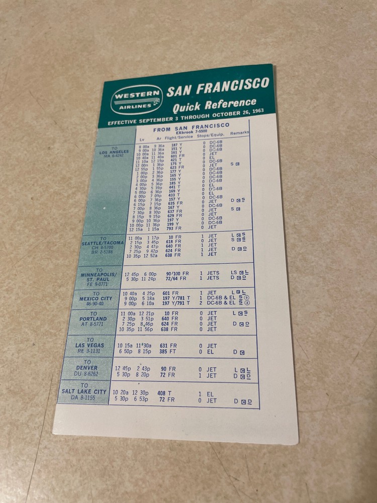 Western Airlines San Francisco Quick Reference Schedule 1963