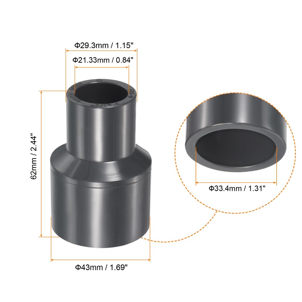 1"x1/2" SCH80 UPVC Reducer Pipe Fitting Straight Coupling Connector, Grey