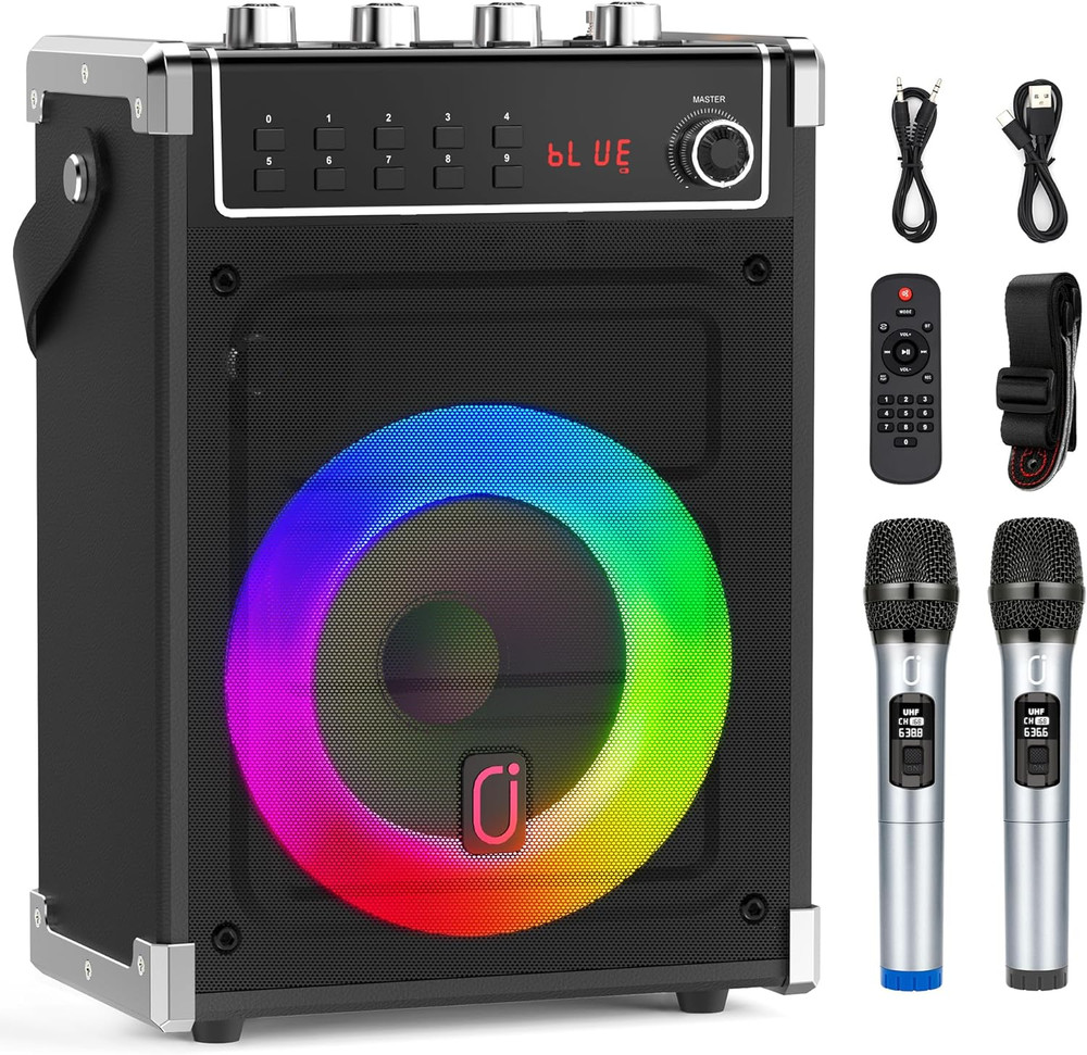 Portable Karaoke Machine with 2 Wireless Mics, LED Light & Bluetooth Speaker