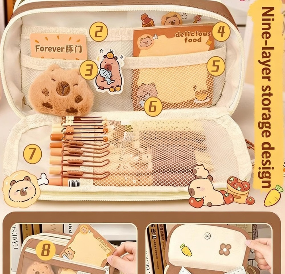 Cute Capybara Pencil Case, Kawaii Pouch Large Capacity Multi-layers, White