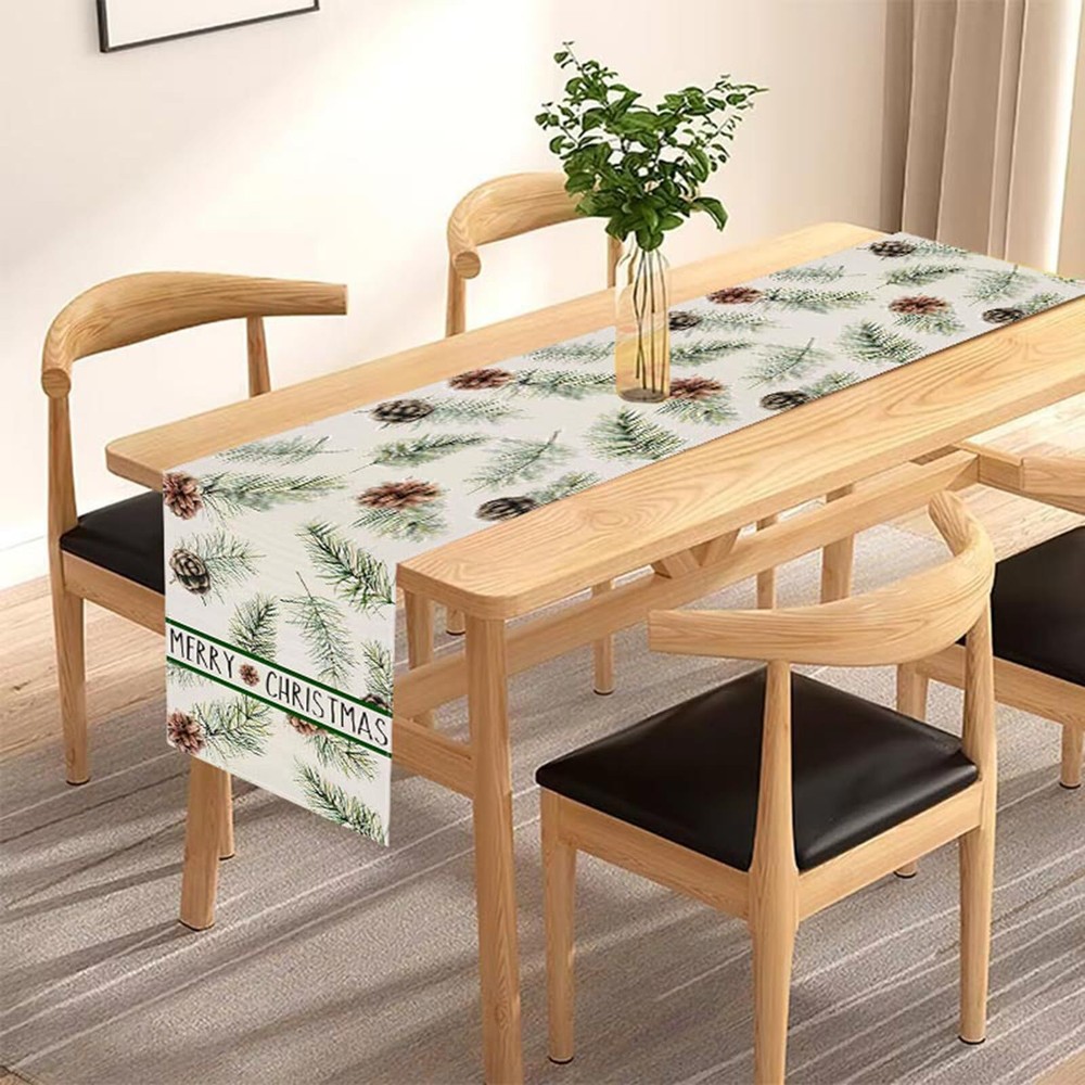 Pine Cones Christmas Table Runner 13x72 Inch Winter Pinecone Branches Merry C...