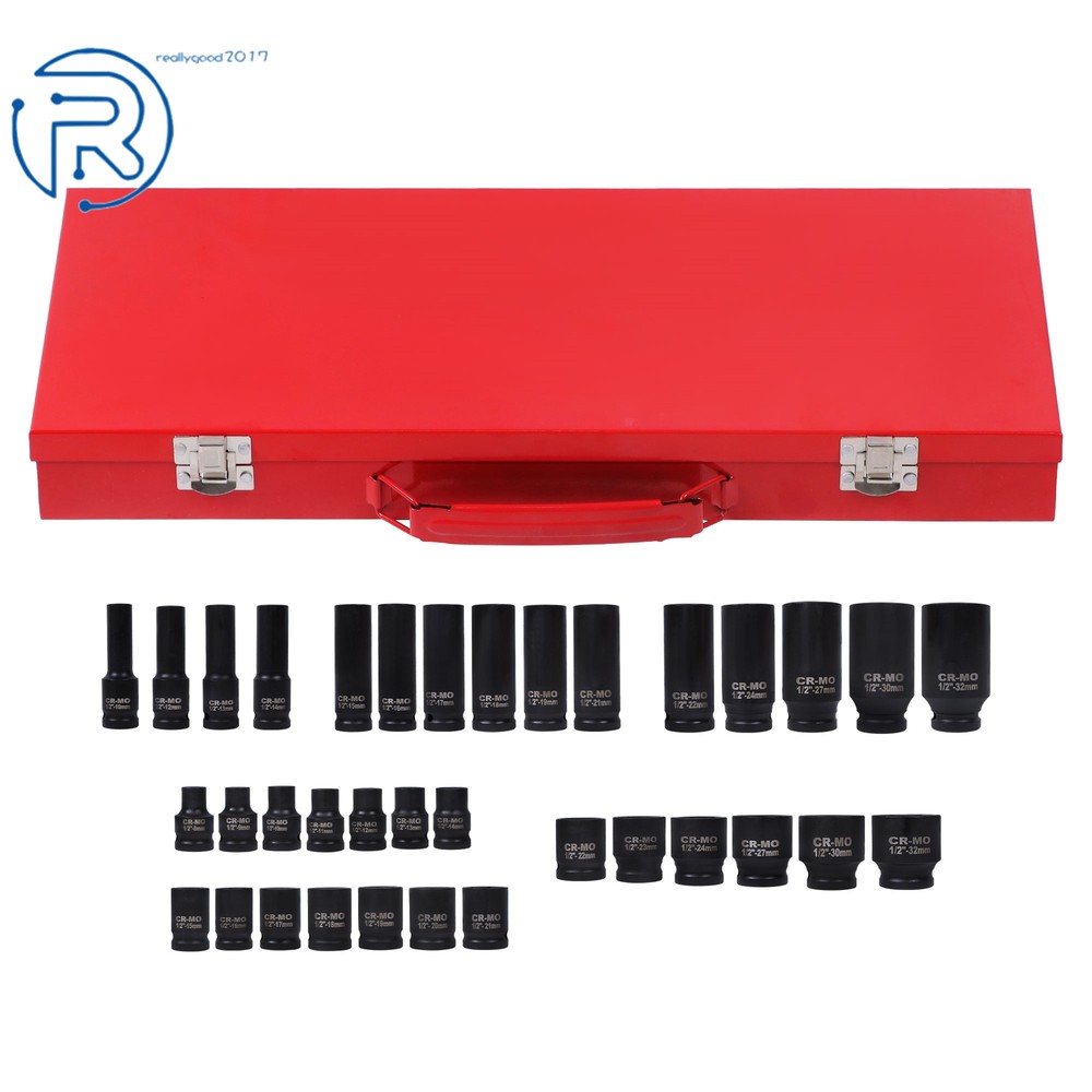 35pcs 1/2" Inch Deep Impact Socket Set Drive 8-32mm Metric With Case 6 Point