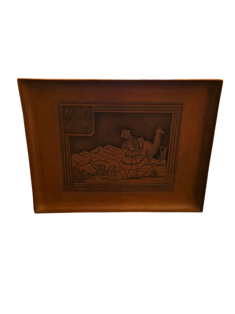 Vintage Handmade Mayan/Peruvian Tooled Leather Tray Embossed