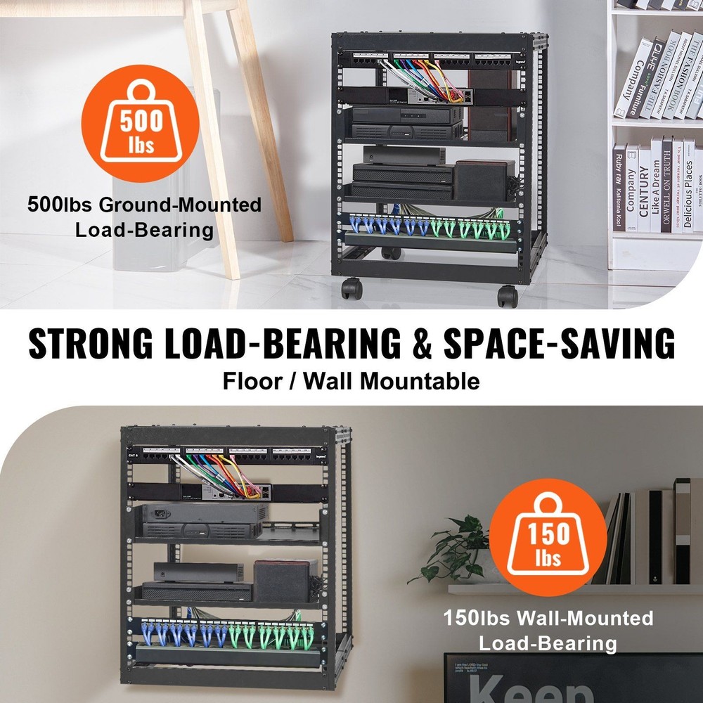 12U 4-Post Open Frame Server Rack 15-40in Adjustable Depth with Casters