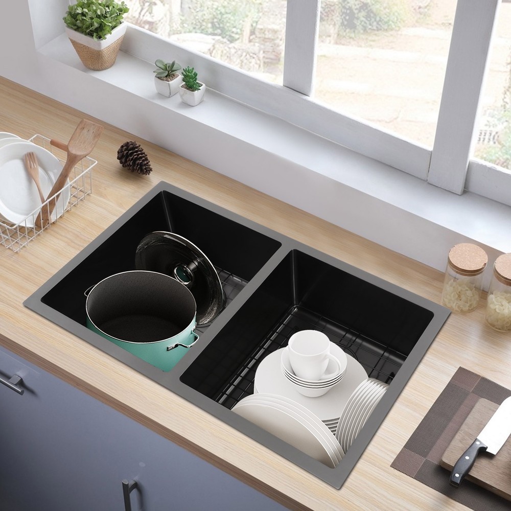 Double Bowl Sink Kitchen Sink Rectangular Stainless Steel Sink w/Grid & Drainer