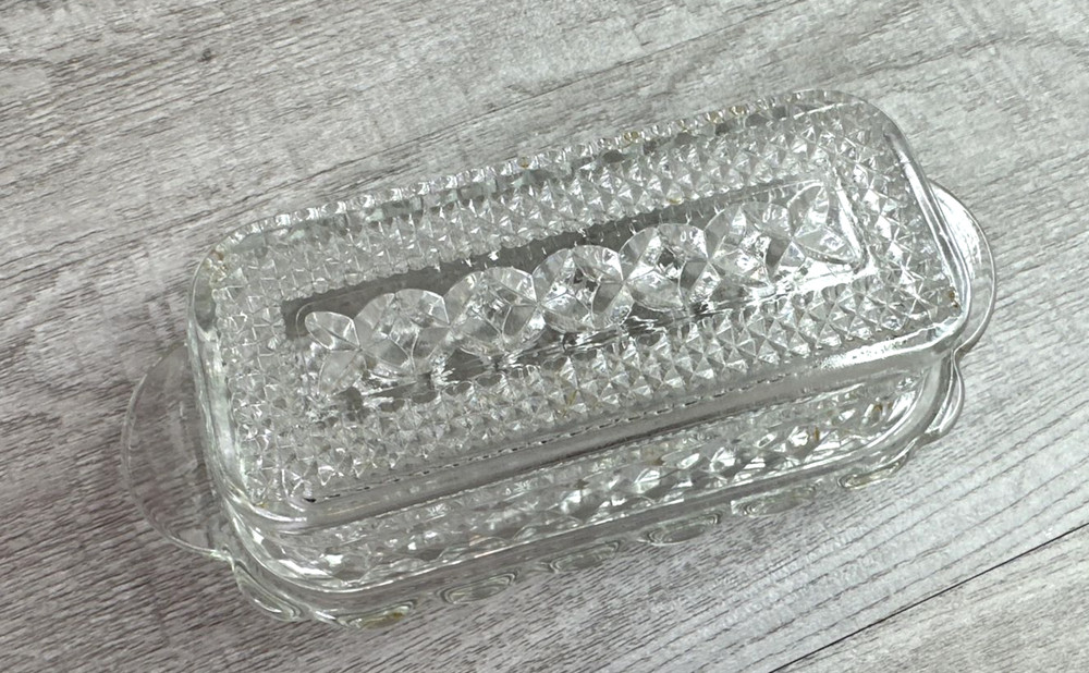 Vintage Unbranded Cut Glass Covered Butter Dish Clear Check Pattern