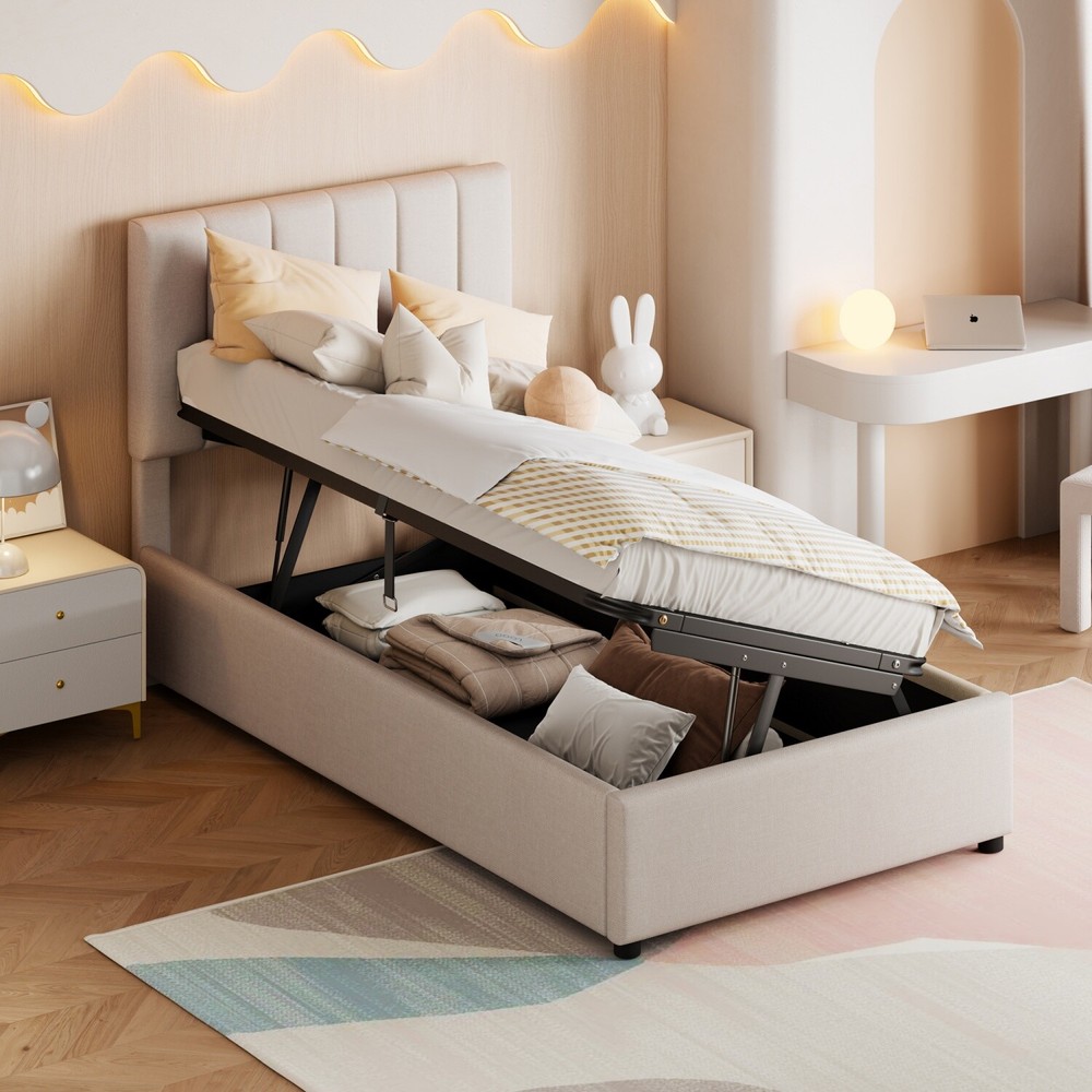 Twin Size Linen Upholstered Platform Bed w/ Hydraulic Storage System Beige