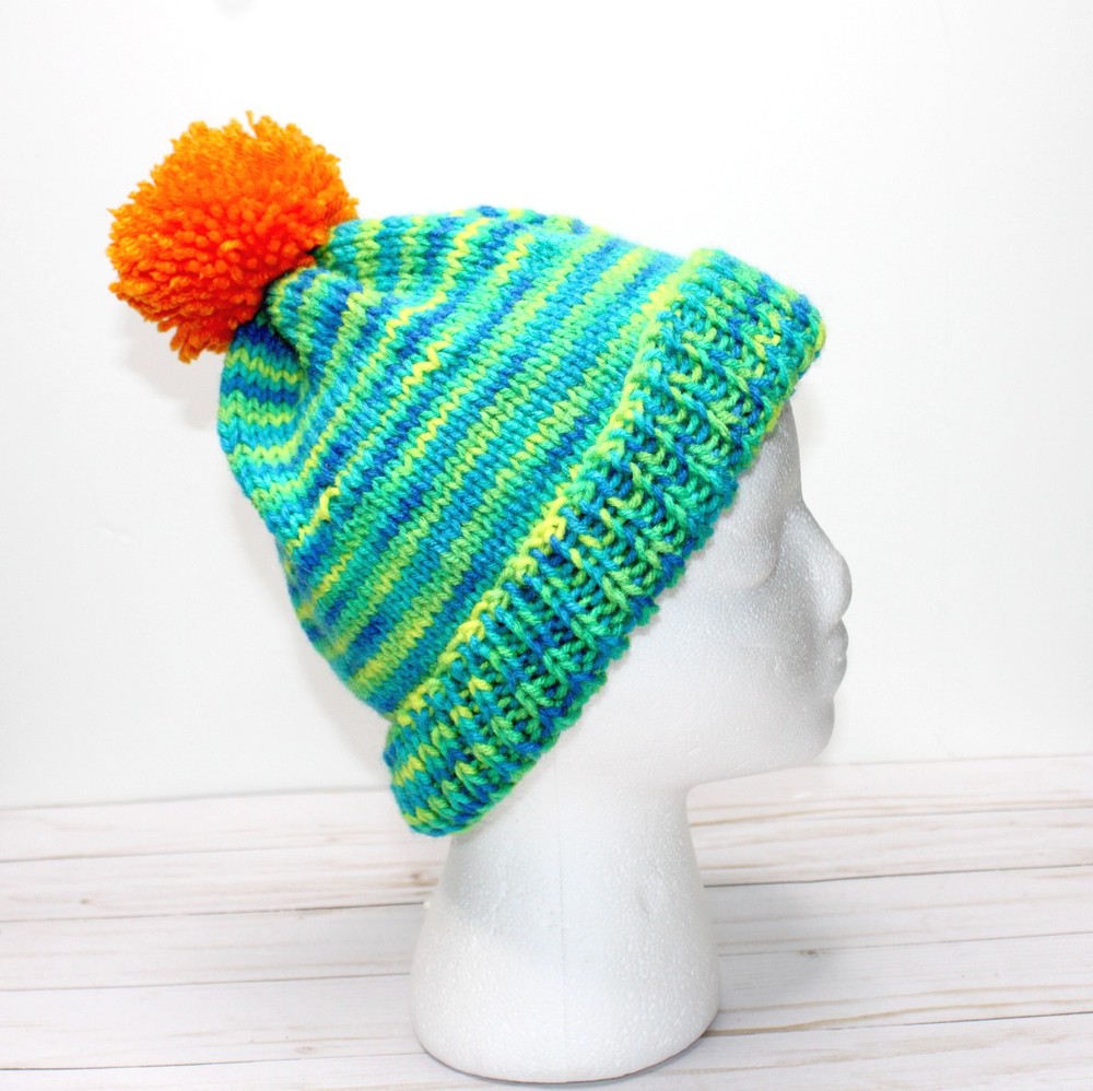 Hand Crocheted Yarn Blend Hat with Orange Pom Pom