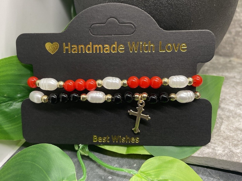 2 PC Boho Beaded Stackable 6” Plus Stretch Charm Bracelet Set Cross B3904