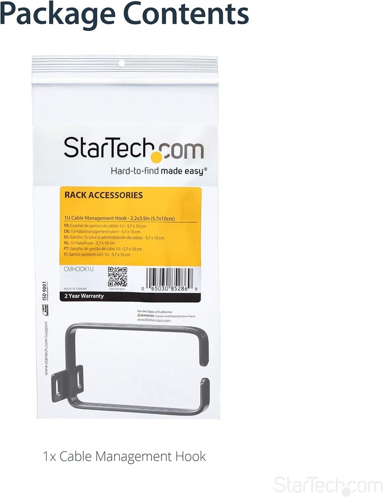 Startech CMHOOK1U 1U Vertical Server Rack Cable Management D-Ring Hook with Rack