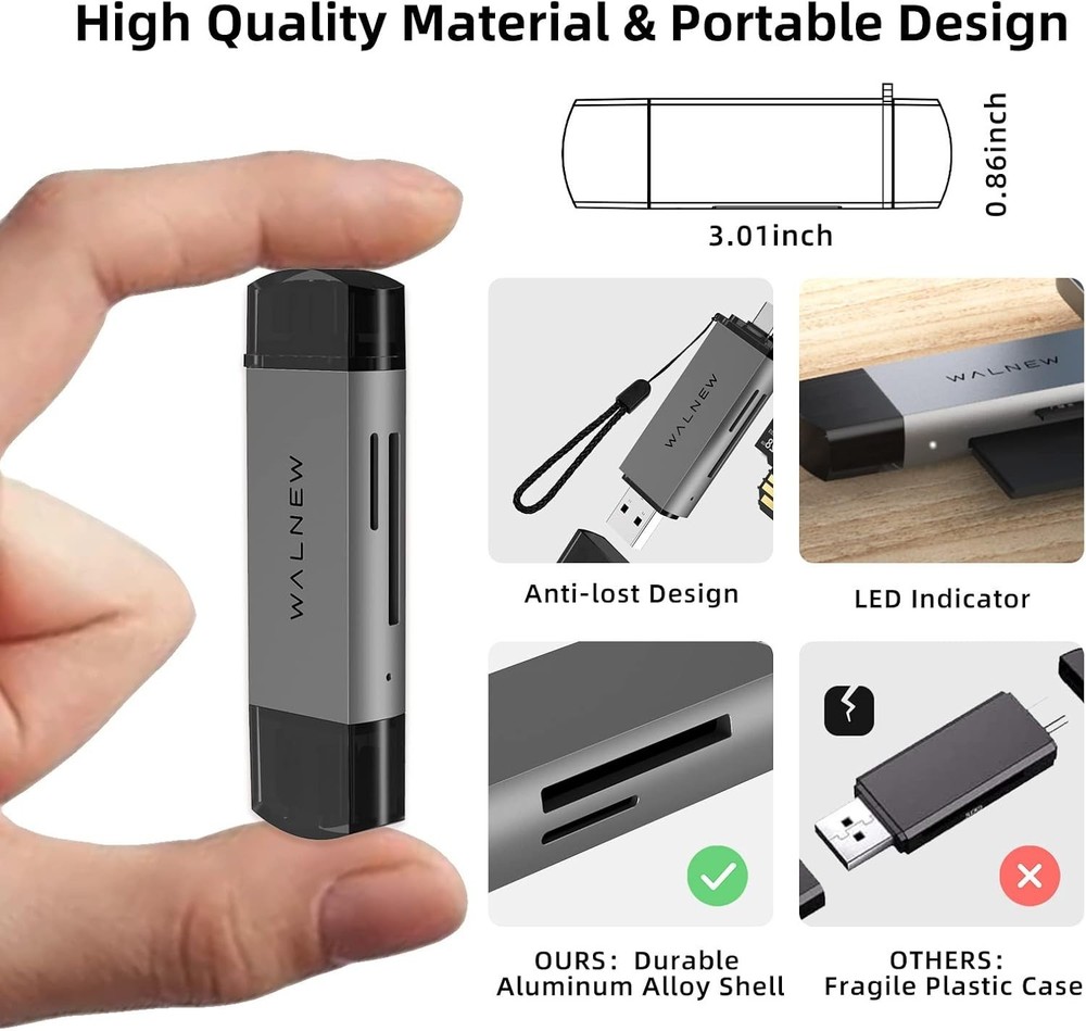 Compact USB 3.0/USB-C SD/TF Card Reader - Fast Data Transfer, Portable Design