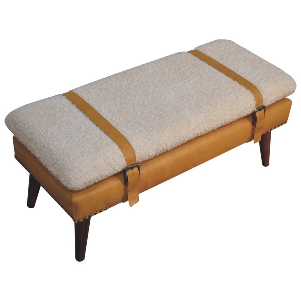 Boucle and Tan Leather Bench