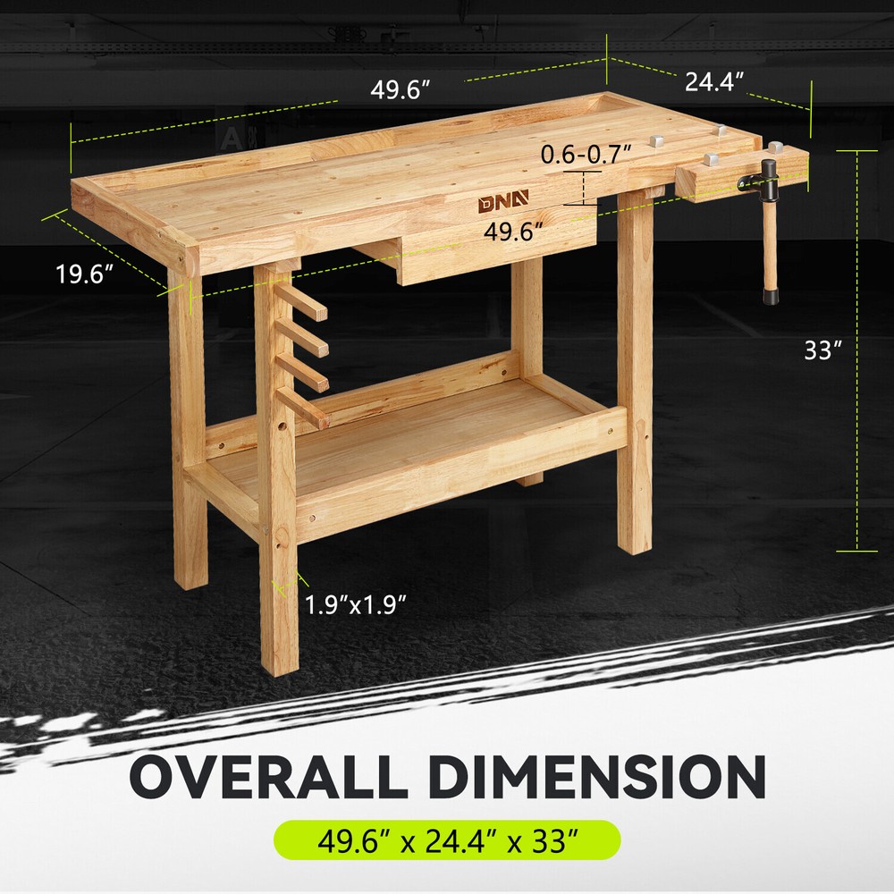Solid Rubber Wood Workbench Work Desk w/ Drawer + Open Space + Adjustable Handle