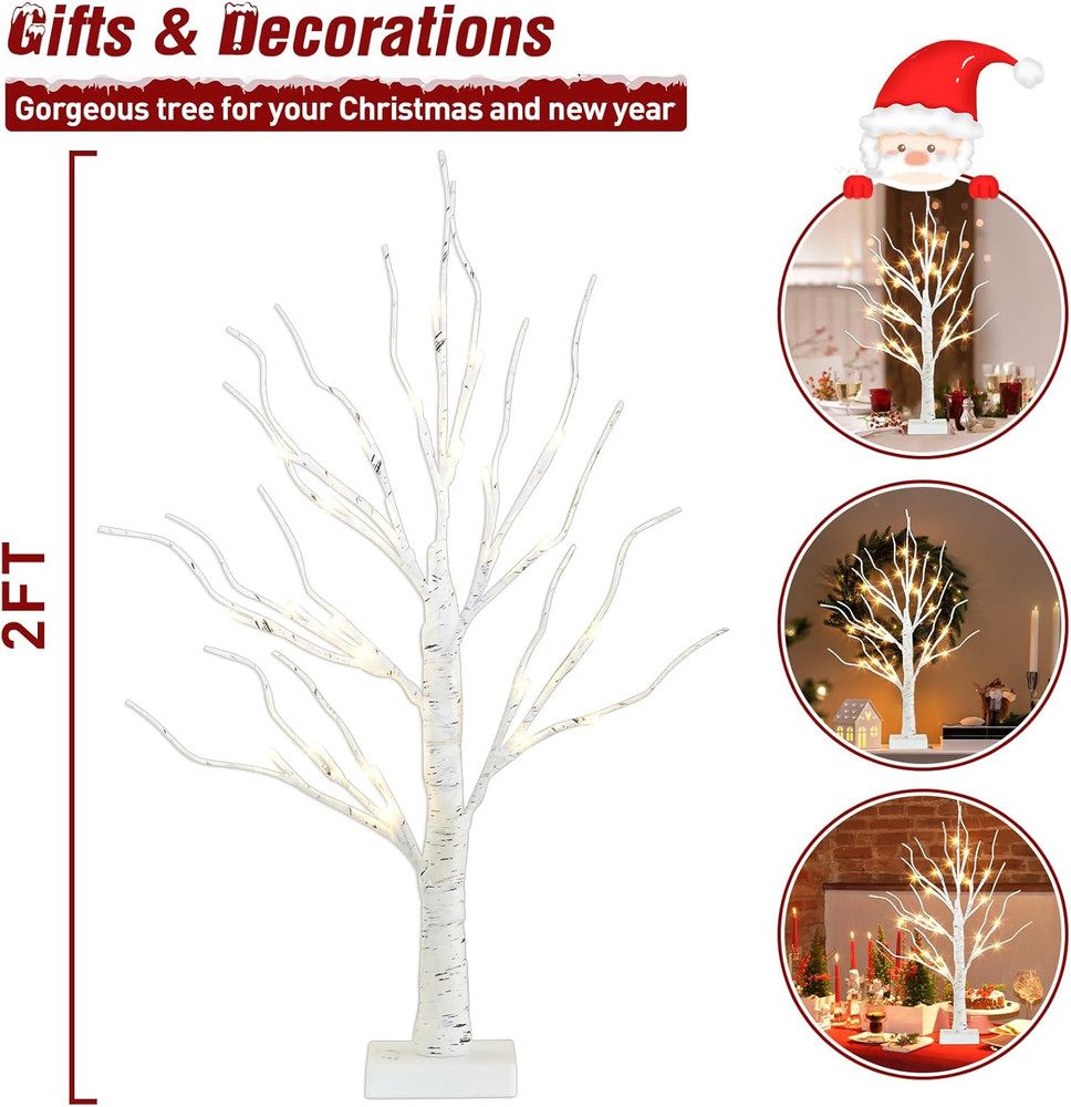 Artificial Tree for Christmas Decorations, 2FT Birch Tree with LED Lights, Warm