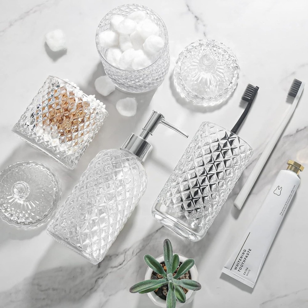 Bathroom Accessories Set, 4 Pack Clear Glass Bath Accessory Sets Complete, Di...