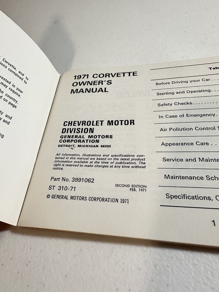 1971 Corvette Owner's Manual OEM