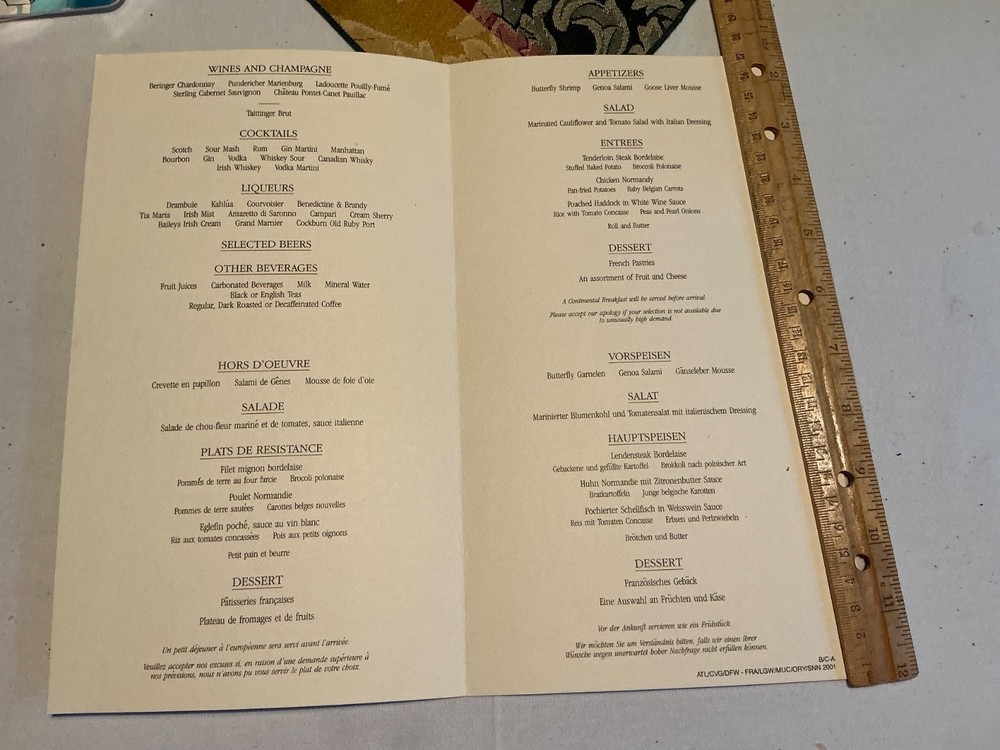 Delta Airlines Business Class Menu 1990's