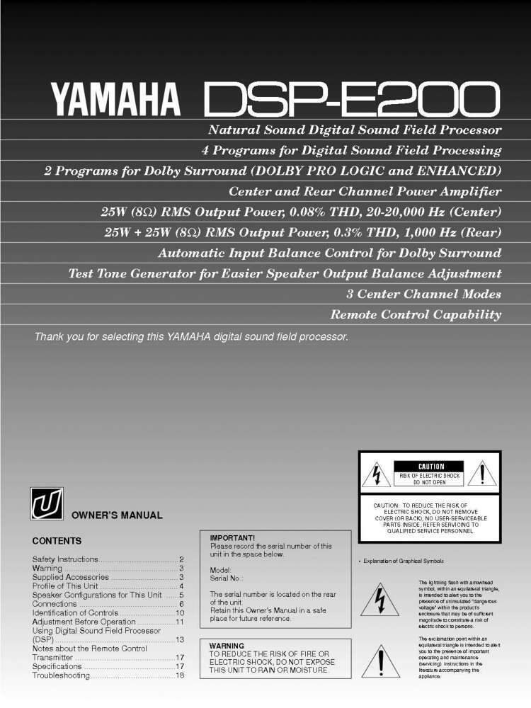 Yamaha DSP-E200 Amplifier Owners Manual