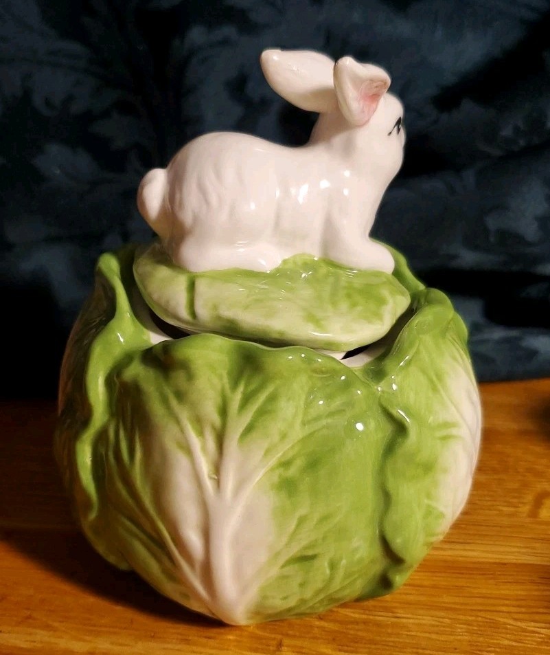 Corner Ruby Spring Easter Collection, Cabbage & Bunny Rabbit Ceramic Sugar Bowl