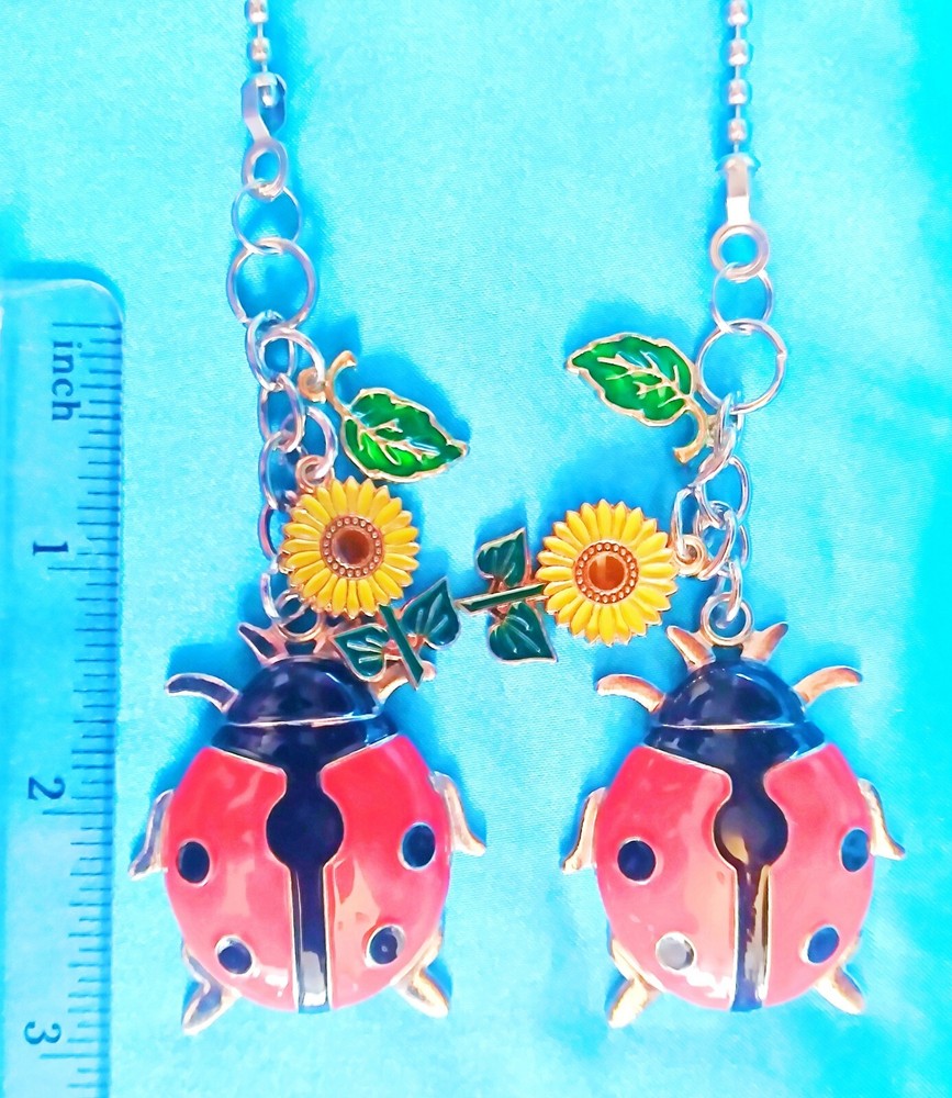 Set of Two ~ LADY BUG Flower Summer Spring Enamel Metal ~ Ceiling Fan Pulls