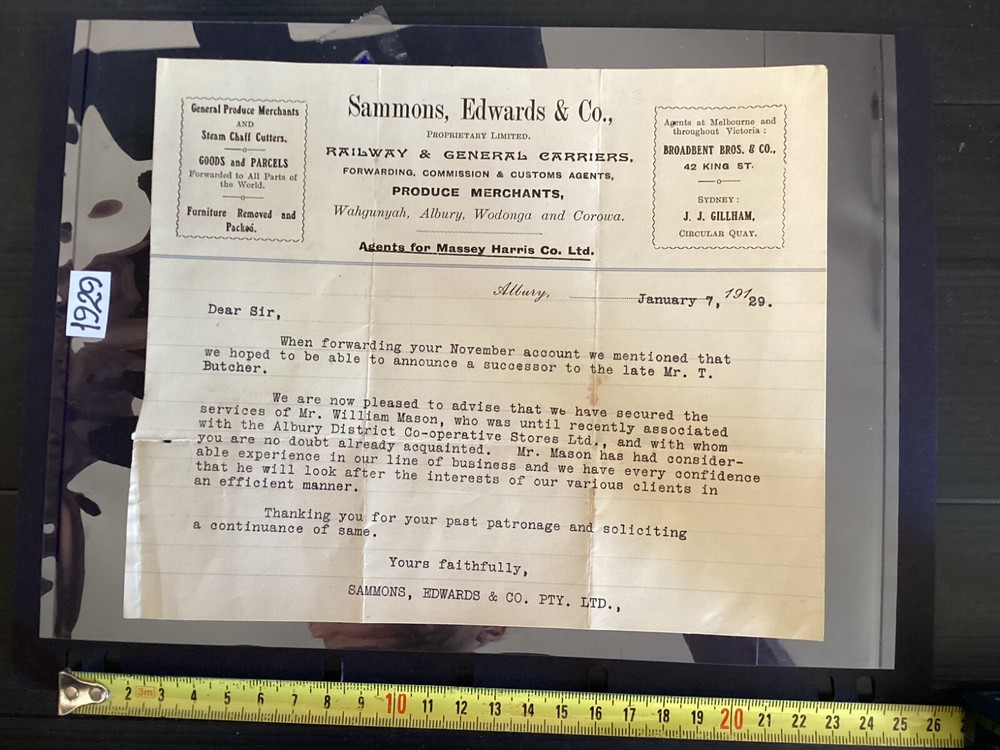 1929 letter Sammon, Edward’s & Co. ,Wodonga ,Albury.