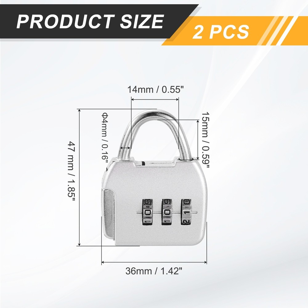 2Pcs Resettable 3 Digit Combination Lock Code Padlock, Silver (47 x 36mm)