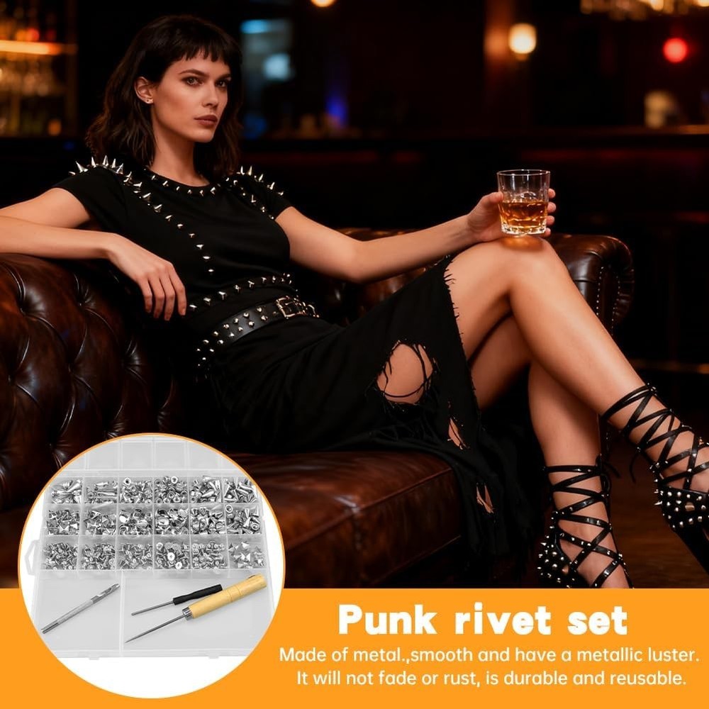 455 Sets Punk Studs and Spikes Kit - 8 Size Cone Spikes & Square Studs for Cloth