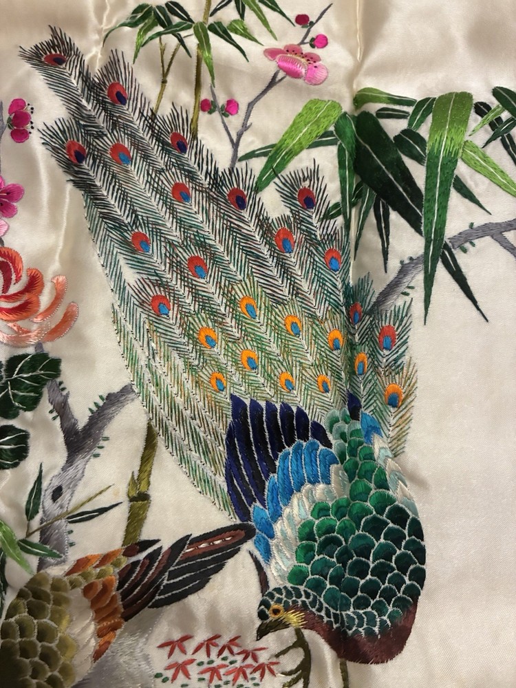 Bird Flower embroidered asian character Panel