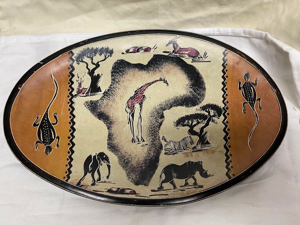 African Etched Stone Oval Platter Home Decor 14"