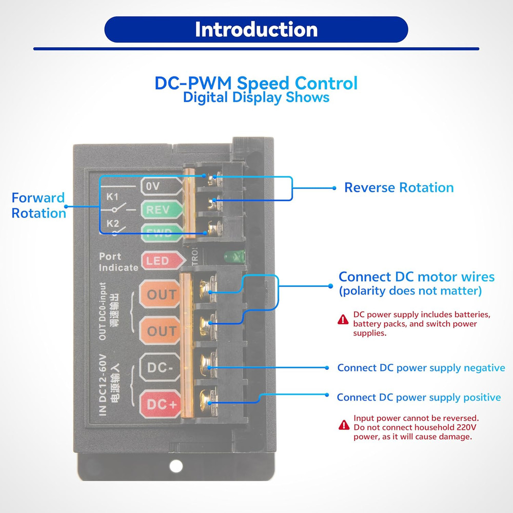 DC 12-60V 20A Motor Speed Controller (Digital Display Forward/Reverse Change)