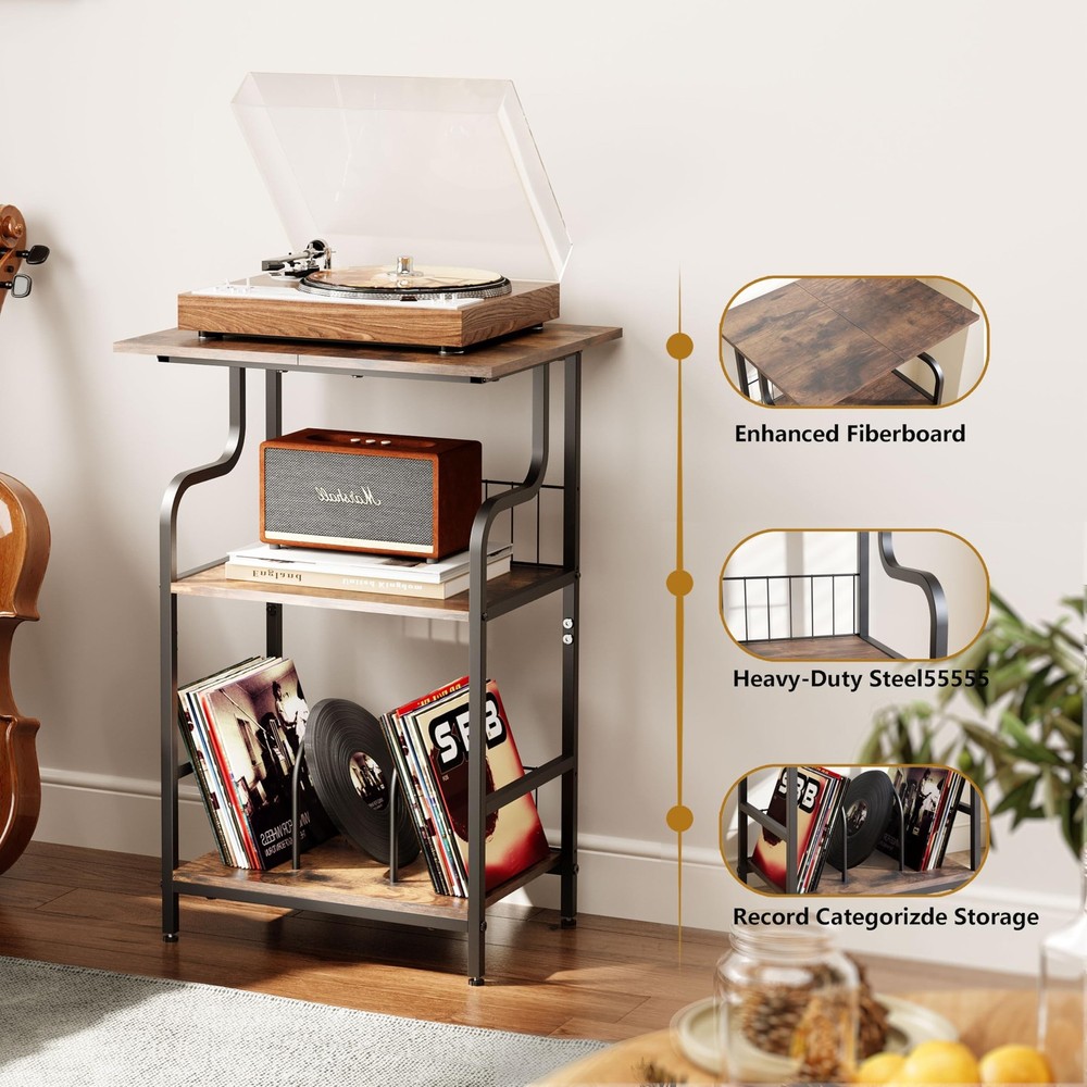 Record Player Stand, 3-Tier Record Player Table, Vinyl Record Storage with Ex...