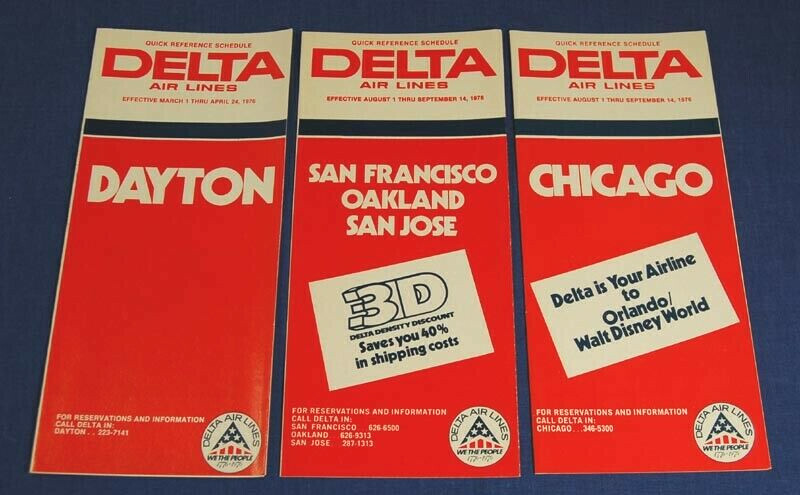 3 Different 1976 Delta Air Lines City Quick Reference Timetables Dayton Chicago+