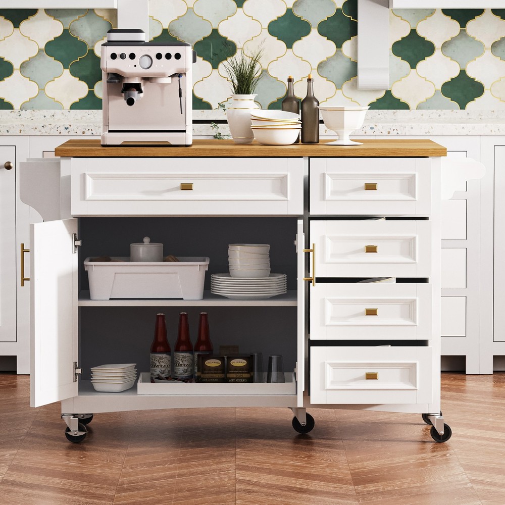 K&K 52'' Kitchen Island with Drop Leaf, Embossed Texture Kitchen Island on Whe