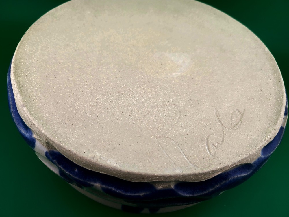 Signed Pottery Glaze Shallow Planter Blue Home Decor